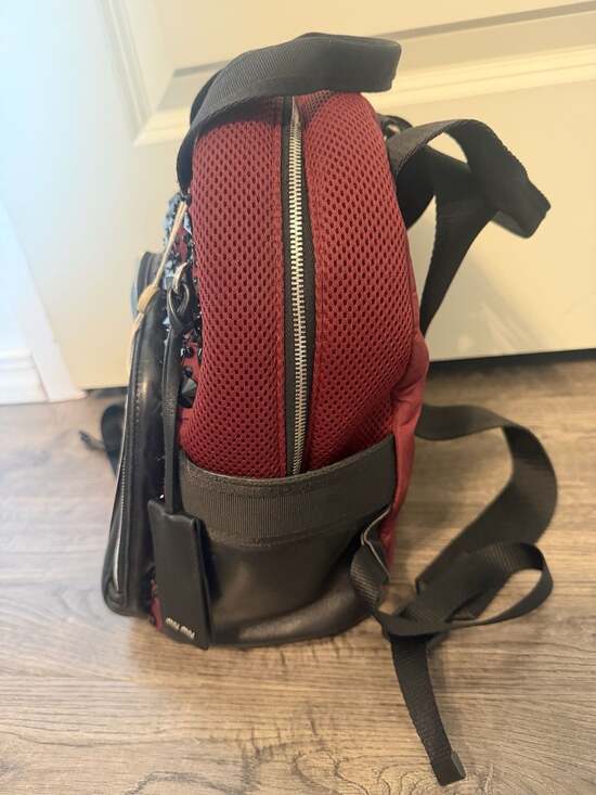 Miu Miu Crystal Embellished Matelassé Nylon and Leather Backpack in Burgundy main image 6